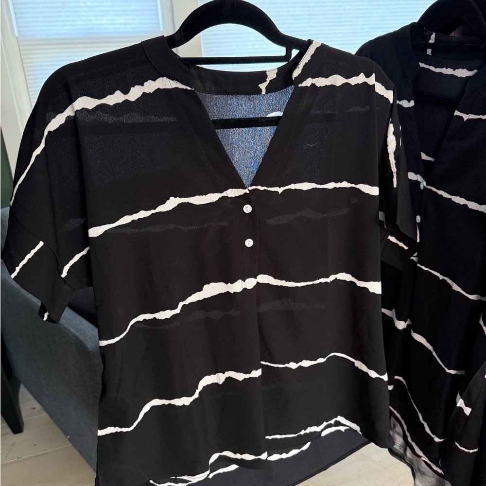 Black and White Striped V-Neck Blouse